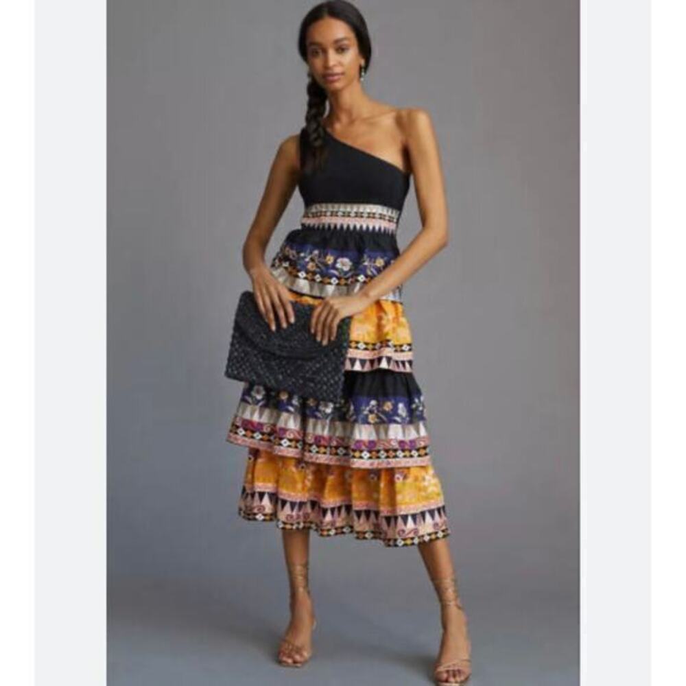 Anthropologie one shoulder embroidered dress size